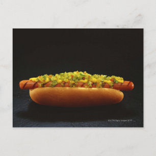 Foot-long hot dog with relish and mustard postcard