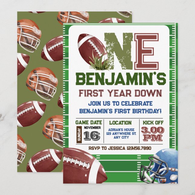 Football 1st Year Down Birthday Invitation (Front/Back)