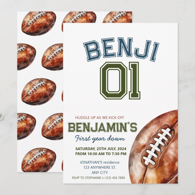Football 1st Year Down Football BIrthday Party Invitation (Front/Back)