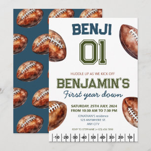 Football 1st Year Down Football BIrthday Party Invitation
