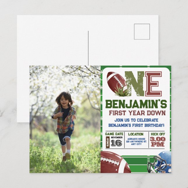 Football 1st Year Down Photo Birthday Postcard (Front/Back)