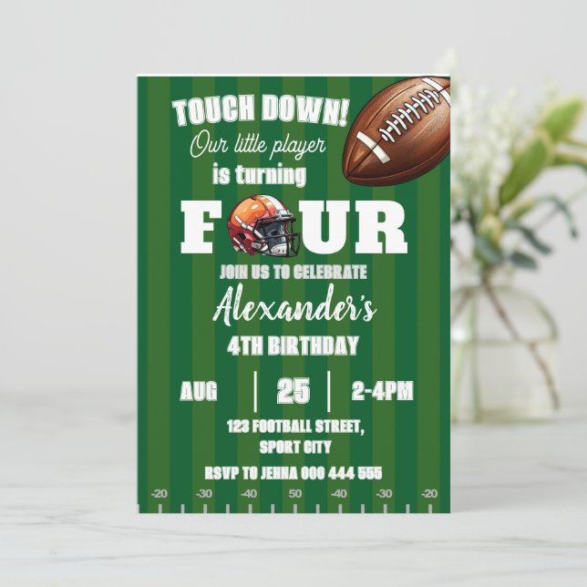 Football 4th Birthday American Sports Touch Down Invitation (Standing Front)