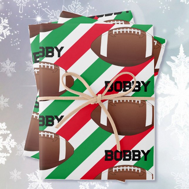 Football Add Name Christmas Fun Red & Green 3 Wrapping Paper Sheet (Creator Uploaded)