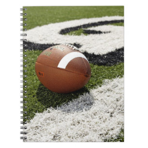 Football at goal line on football field, notebook