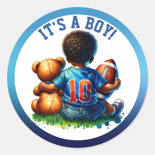 Football Baby Boy and Teddy Baby Shower It's a Boy Classic Round Sticker (Front)