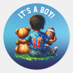 Football Baby Boy and Teddy Baby Shower It's a Boy Classic Round Sticker