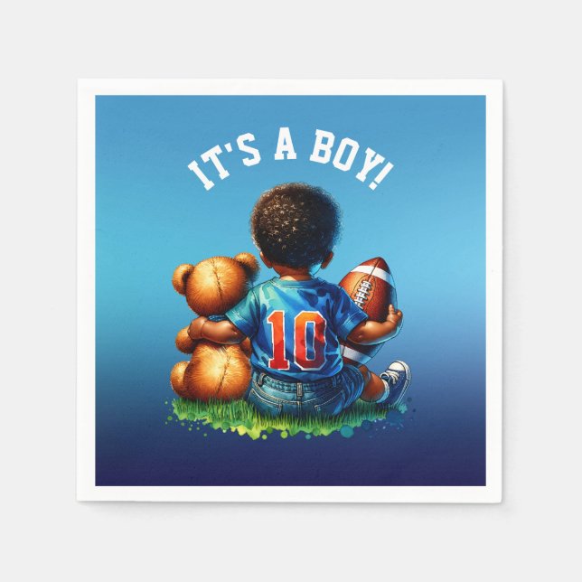 Football Baby Boy and Teddy Baby Shower It's a Boy Napkin (Front)