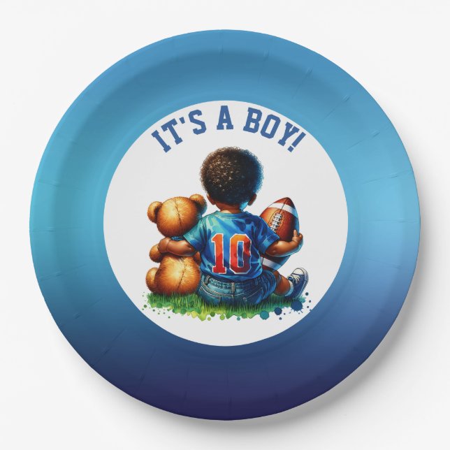 Football Baby Boy and Teddy Baby Shower It's a Boy Paper Plate (Front)