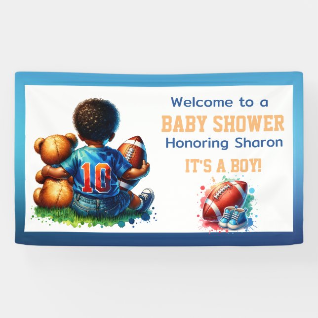 Football Baby Boy with Teddy Baby Shower Welcome Banner (Horizontal)