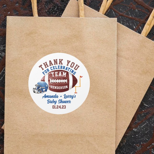 Football Baby Shower Classic Round Sticker (Creator Uploaded)