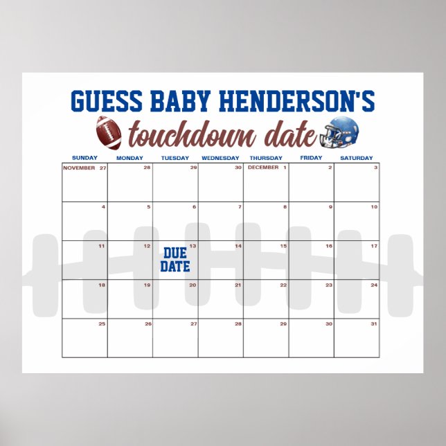 Football Baby Shower Due Date Calendar Poster (Front)