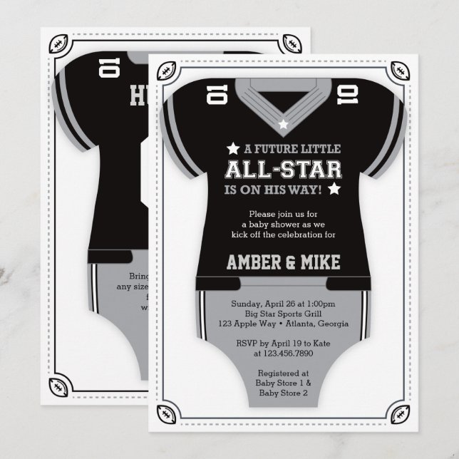 Football Baby Shower Invitation, Black, Grey Invitation (Front/Back)
