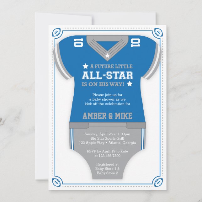 Football Baby Shower Invitation, Blue, Grey Invitation (Front)