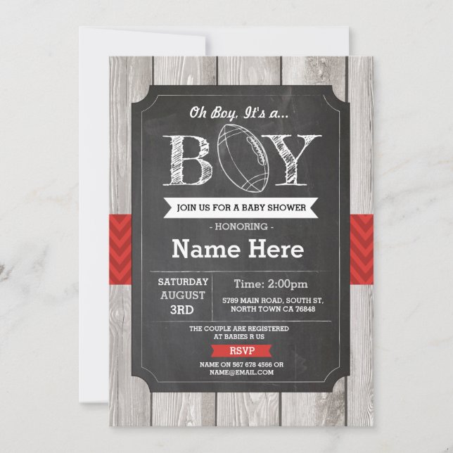 Football Baby Shower Rugby Sports Red Invite (Front)