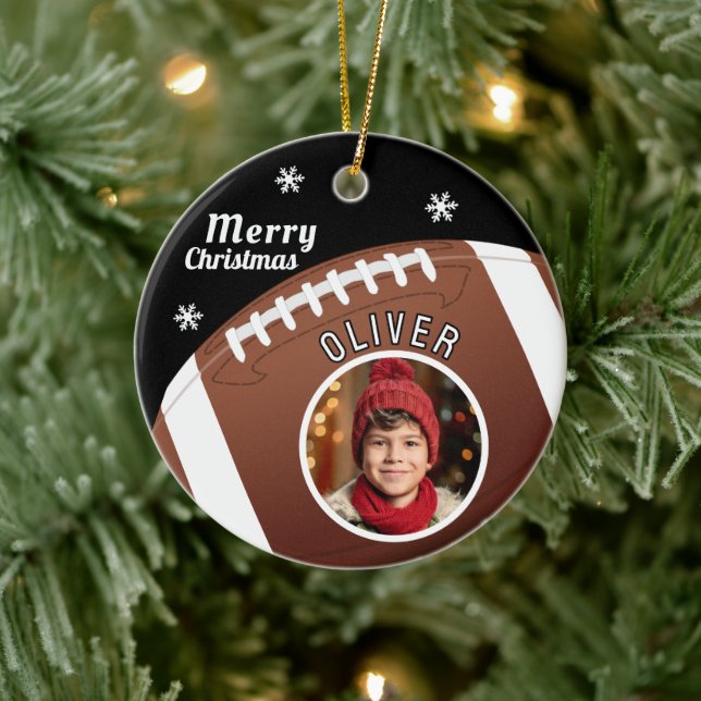 Football Ball Custom Name Merry Christmas Photo Ceramic Tree Decoration (Tree)