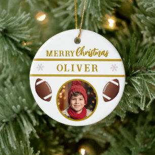 Football Ball Custom Name Merry Christmas Photo Ceramic Tree Decoration