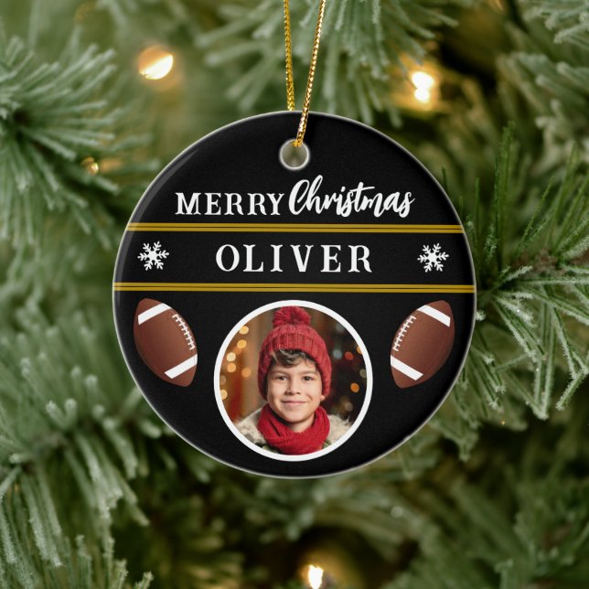 Football Ball Custom Name Merry Christmas Photo Ceramic Tree Decoration (Tree)