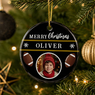 Football Ball Custom Name Merry Christmas Photo Ceramic Tree Decoration