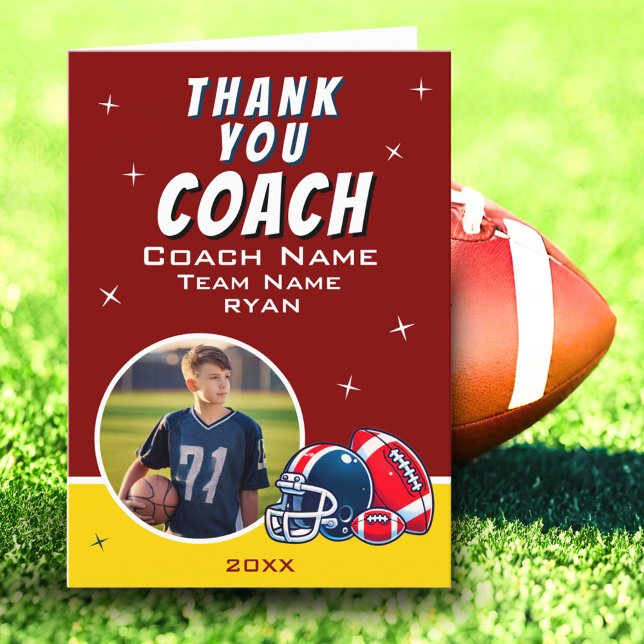 Football Ball Helmet Cartoon Coach Photo Thank You Card (Creator Uploaded)