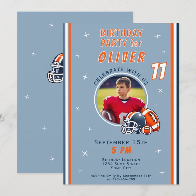 Football Ball Helmet Cartoon Photo Birthday Invitation (Front/Back)