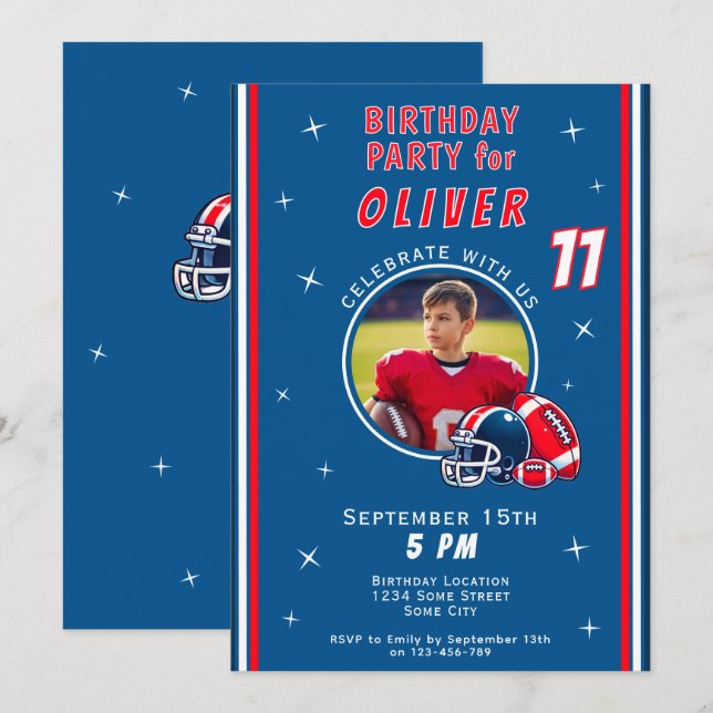 Football Ball Helmet Cartoon Photo Birthday Invitation (Front/Back)