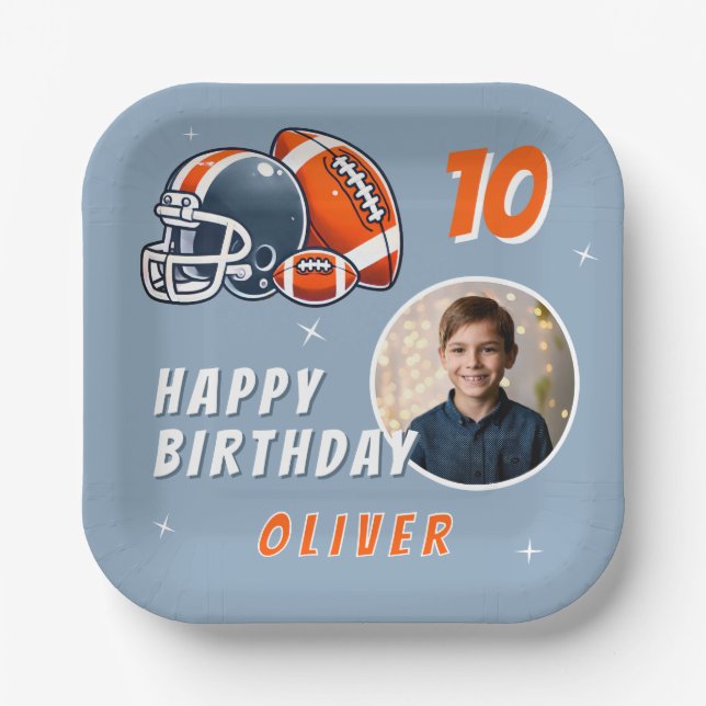 Football Ball Helmet Cartoon Photo Birthday  Paper Plate (Front)