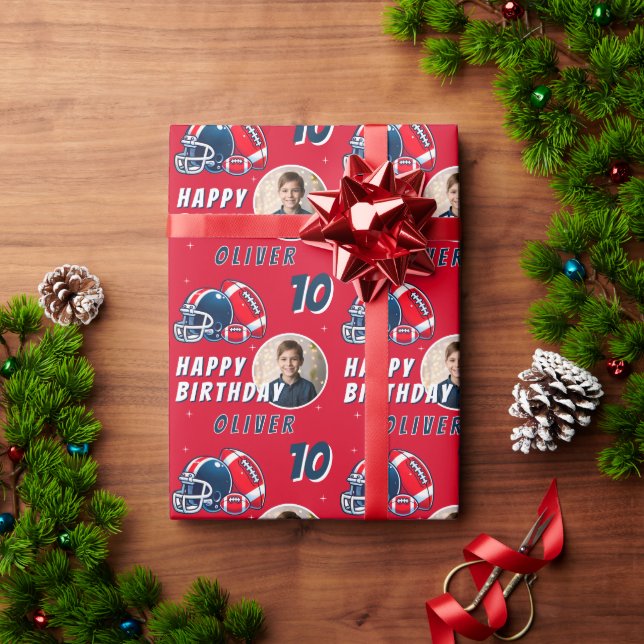 Football Ball Helmet Cartoon Photo Birthday Wrapping Paper (Holiday Gift)
