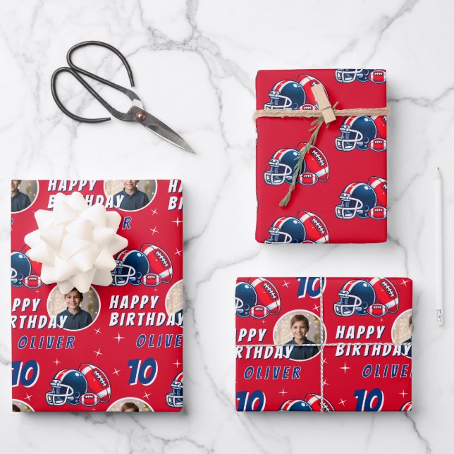 Football Ball Helmet Cartoon Photo Birthday Wrapping Paper Sheet (Front)