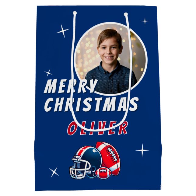 Football Ball Helmet Cartoon Photo Christmas Medium Gift Bag (Back)