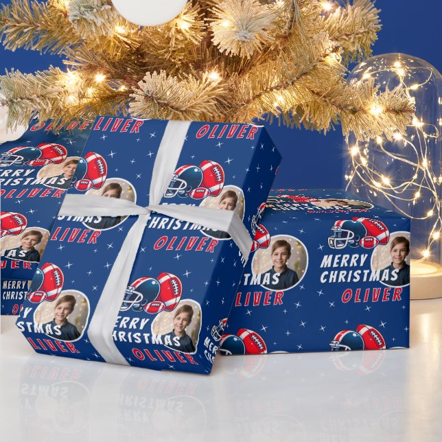 Football Ball Helmet Cartoon Photo Merry Christmas Wrapping Paper (Holidays)