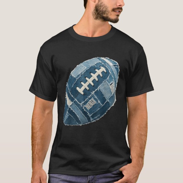Football Ball Patchwork Blue Denim Football Touchd T-Shirt (Front)