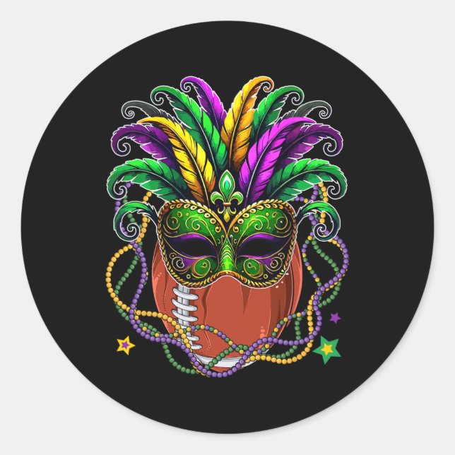 Football Ball Wearing Mardi Gras Masked Beads Funn Classic Round Sticker (Front)