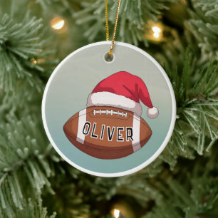 Football Ball with Red Santa Hat Name Christmas Ceramic Tree Decoration