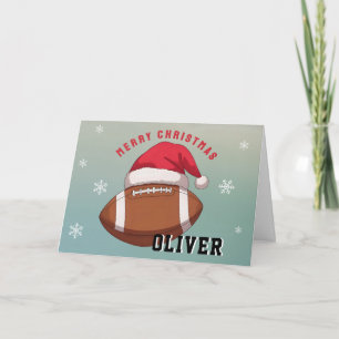 Football Ball with Red Santa Hat Name Christmas Holiday Card