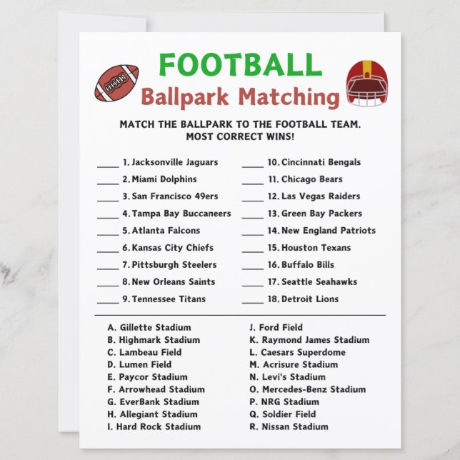 Football Ballpark Matching Game (Front)