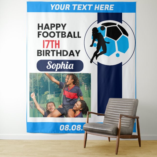 Football Birthday, Football Girl Player Backdrop Tapestry (In Situ)