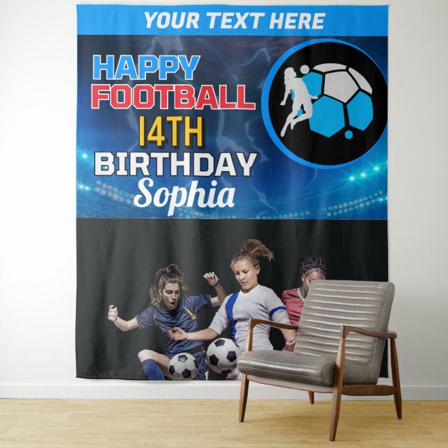 Football Birthday, Football Girl Player Backdrop Tapestry (In Situ)