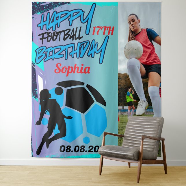 Football Birthday, Football Girl Player Backdrop Tapestry (In Situ)
