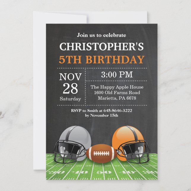 Football Birthday Invitation Birthday Party Orange (Front)
