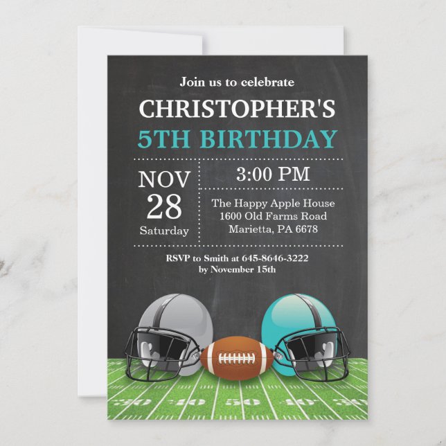 Football Birthday Invitation Birthday Party Teal (Front)