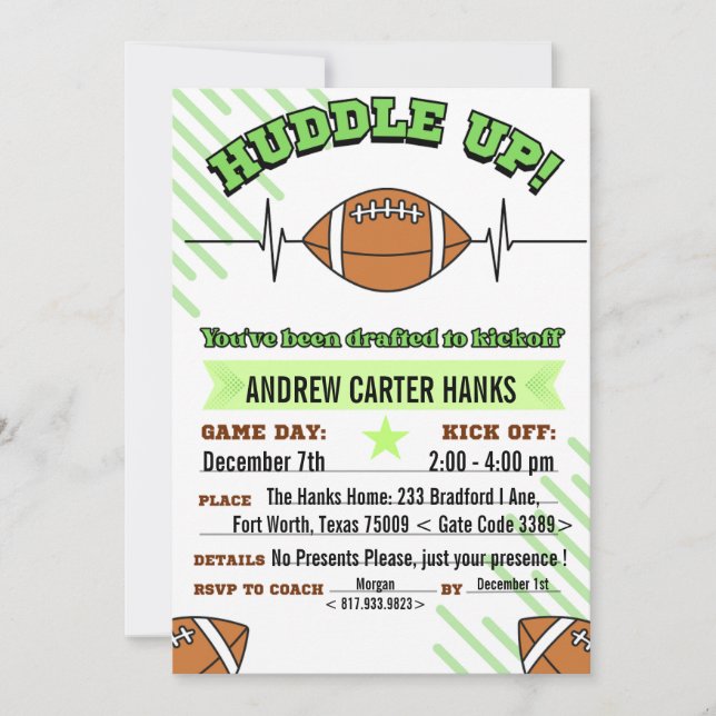 Football Birthday Invitations For Boys Huddle up ! (Front)