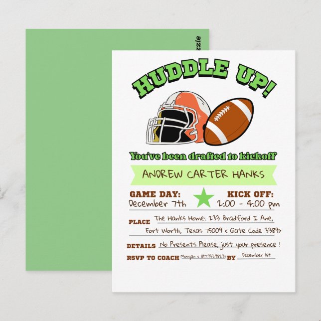 Football Birthday Invitations For Boys Huddle up ! (Front/Back)