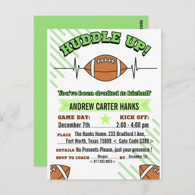 Football Birthday Invitations For Boys Huddle up ! (Front/Back)
