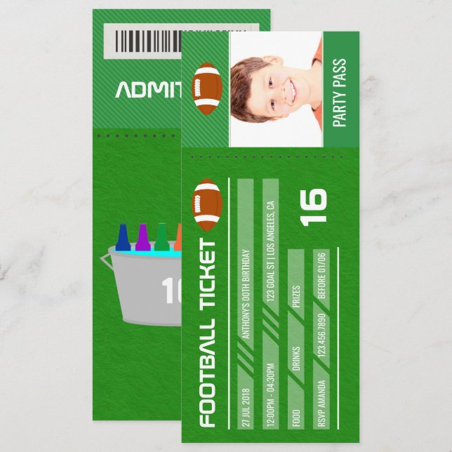 Football Birthday Party add photo Ticket Entrance Invitation (Front/Back)