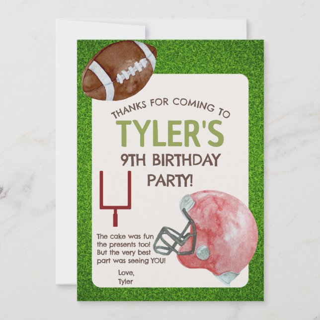 Football Birthday Party Vertical Thank You Card (Front)