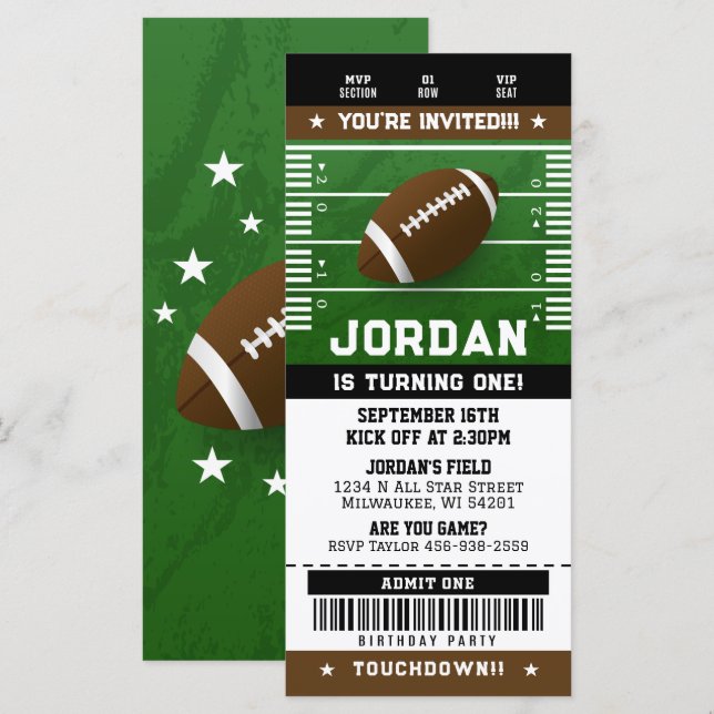 Football Birthday Ticket Invitation Sports (Front/Back)