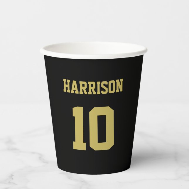 Football black gold jersey name number birthday paper cups (Front)