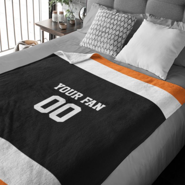 Football Black, Orange & White Personalised Fleece Blanket (Creator Uploaded)