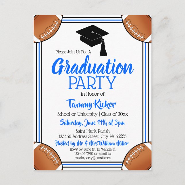 Football Blue & Black Graduation Party Invitation Postcard (Front)