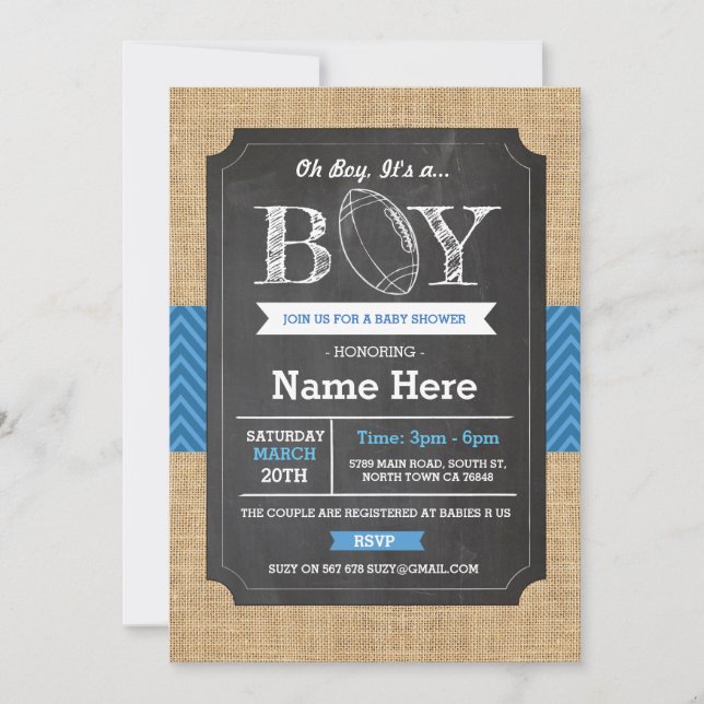 Football Blue Boy Baby Shower Rugby Invite (Front)